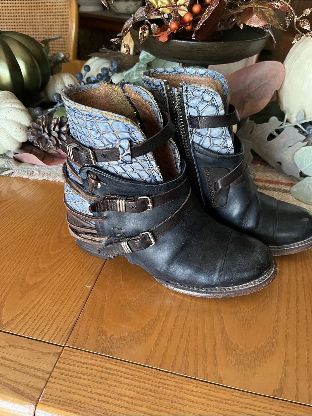 Freebird by Steven Black Leather Ankle Boots with Blue Croc-Print Cuff